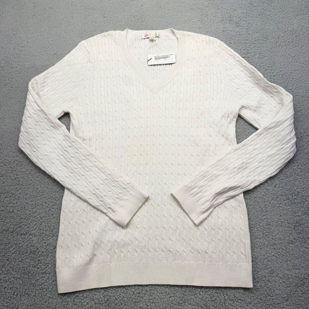 Monterey Club 25J Womens Large‎ Cream White DeBordieu Cable Knit V Neck Sweater